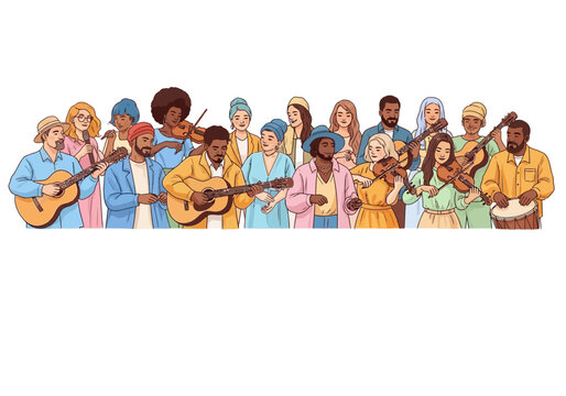 Group of diverse musicians playing various instruments together
