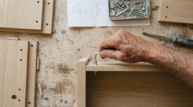 Elderly man assembling flat pack furniture with allen key at home workshop