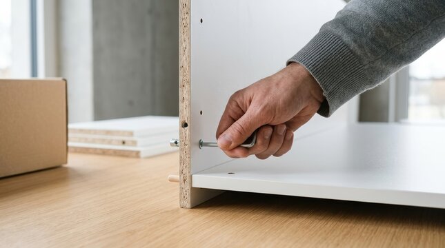 Close up of a man assembling white furniture using an Allen key for home improvement and DIY interior renovation projects