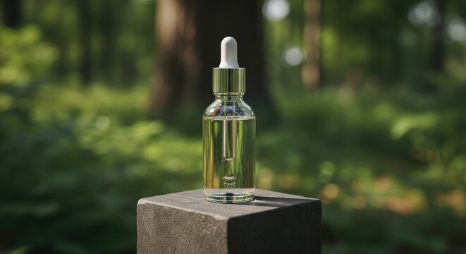 Glass dropper bottle with golden cap containing skincare serum placed on a dark stone block in a lush green forest environment background