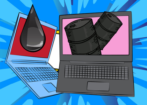 Cartoon Laptop, comic book Notebook with Oil Barrel and Oil Drop. Retro vector comics pop art design.