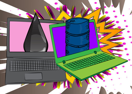 Cartoon Laptop, comic book Notebook with Oil Barrel and Oil Drop. Retro vector comics pop art design.