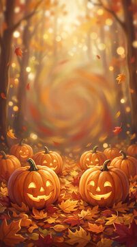 Jack o lanterns in autumn leaves forest background