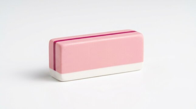 Small rectangular pink eraser with a thin dark red stripe on a white background, useful for office supplies, school stationery, and projects