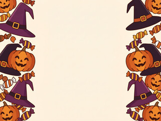 Fototapeta premium Halloween pumpkin and witch hat border frame with candy