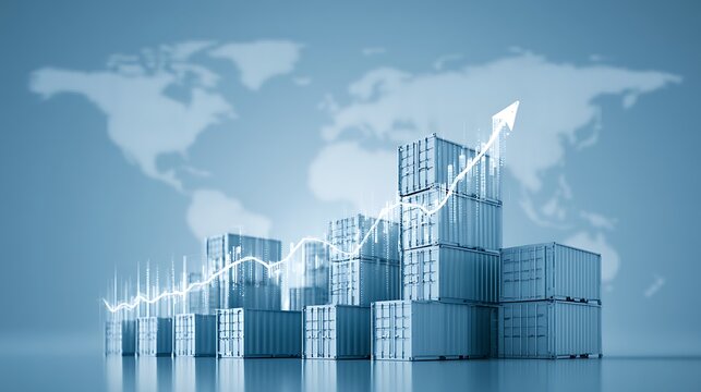 Global export growth concept, upward financial charts merging with shipping containers