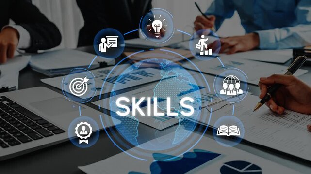 Business Skills Development and Team Collaboration Concept with Diverse Icons Representing Knowledge and Strategy in Modern Workspace. Entropy.