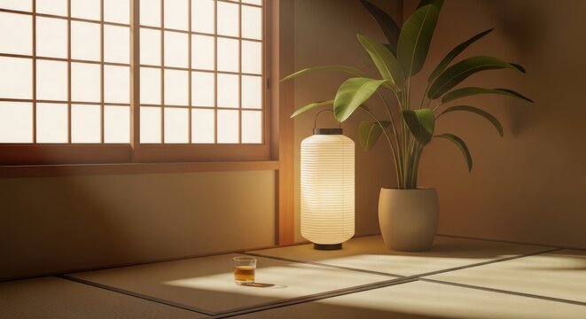 Traditional japanese interior room with tatami mats shoji sliding doors paper lantern and a potted plant with a small glass of tea on floor