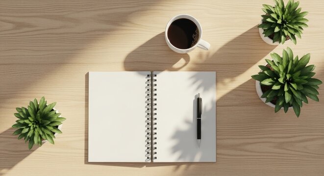 View of an open spiral notebook with a black pen and three potted succulents on a light wooden table with natural sunlight shadows
