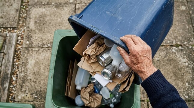 Senior man emptying blue recycling bin with cardboard and plastic waste into green container for sustainable disposal