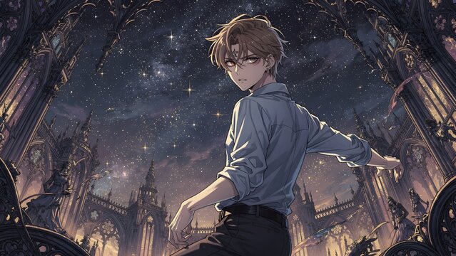 Young man stands before a gothic cathedral under a starry sky while looking back at the observer.
