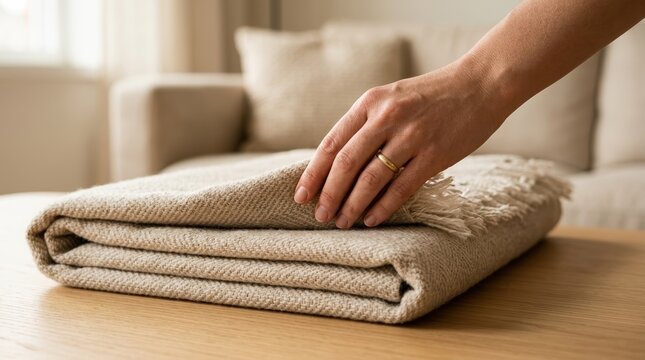 Woman folding beige textured throw blanket on wooden table for cozy home interior styling and hygge lifestyle concept