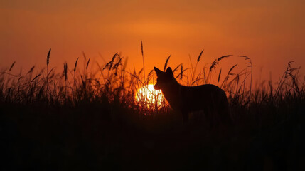 Naklejka premium Silhouette fox sunset grassland quiet golden light