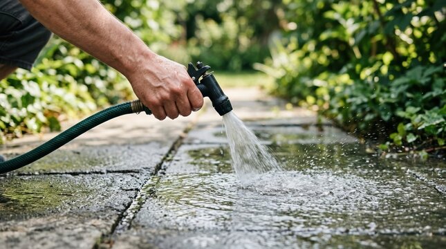 Adult man cleaning stone patio with garden hose nozzle spraying water for home maintenance and outdoor spring cleaning chores