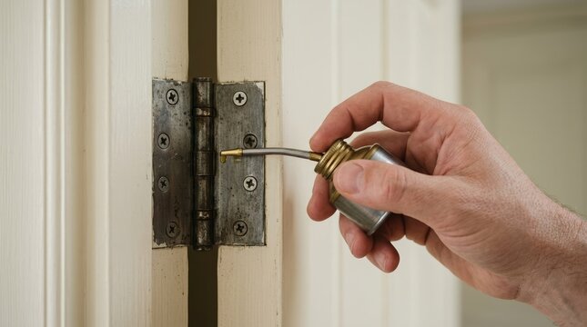 Hand lubricating a squeaky door hinge with a metal oil can for home maintenance and repair project