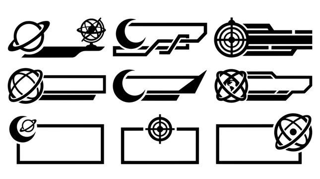 Black and white user interface vector set featuring celestial planets, crescent moons, armillary spheres, and target lower third text frame banners