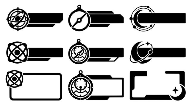 Black and white user interface vector set featuring astrolabe compasses, armillary spheres, and celestial moon text banners for stream layouts