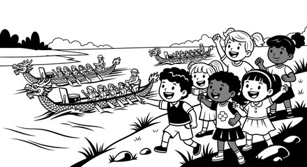 Group of Happy Children Watching Dragon Boat Race Coloring Page © Poly