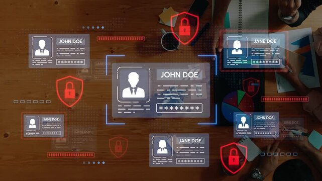 Digital representation of identity cards showcasing security features against a wooden desk backdrop, highlighting the importance of digital privacy and protection in a modern office. Entropy.