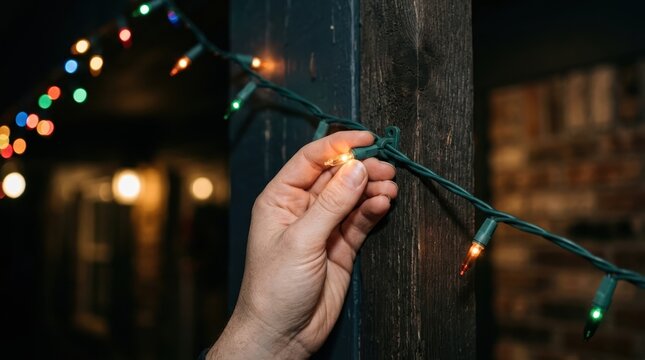 Caucasian man hands decorating wooden porch post with glowing string lights for festive holiday home exterior lighting