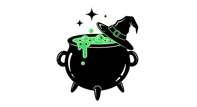 Witch's brew cauldron with green potion and magical bubbles