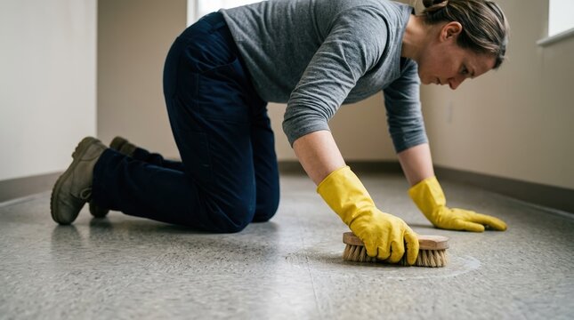 Caucasian woman scrubbing dirty floor on hands and knees with brush for deep cleaning service