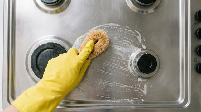 Person wearing yellow rubber glove scrubbing stainless steel stovetop with eco friendly wooden brush for deep kitchen cleaning