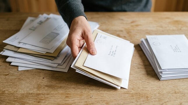 Person sorting stack of white envelopes on wooden table for administrative office work and mail processing tasks