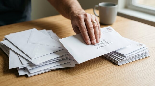 Caucasian man sorting stack of white envelopes for direct mail marketing campaign at home office desk