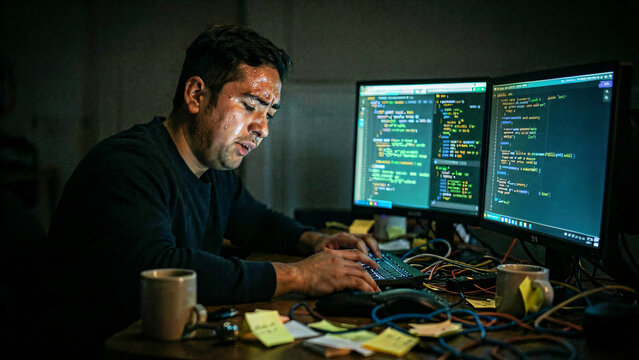 cinematic still A candid, dimly lit atmospheric photo of a software engineer deeply focused on coding backend PHP and real-time push notification logic, shown on glowing dual monitors.