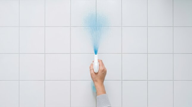 Hand spraying blue cleaning liquid on white tiled wall for bathroom hygiene and household maintenance concept