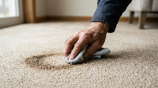 Senior man cleaning a stubborn stain on beige carpet with a cloth, home maintenance and housekeeping concept