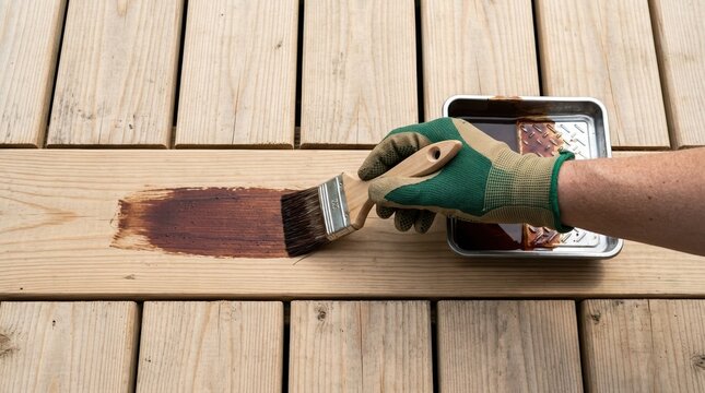 Person Staining Wooden Deck Boards with Brush and Stain Tray for Home Improvement and Outdoor Maintenance Project