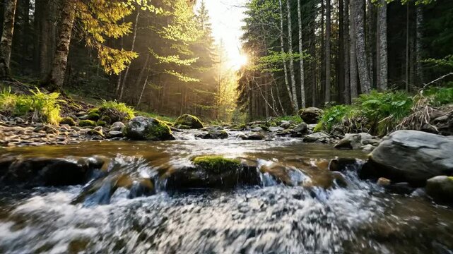 Serene forest stream flowing through mossy rocks at sunrise, peaceful nature landscape with golden sunlight filtering through pine trees