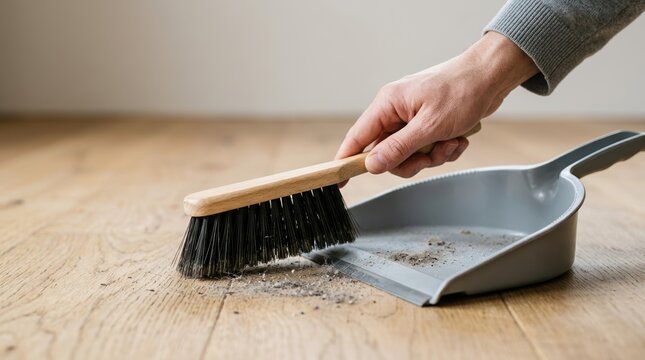 Person sweeping dust into a grey dustpan on a wooden floor, close up shot of household cleaning and maintenance chores