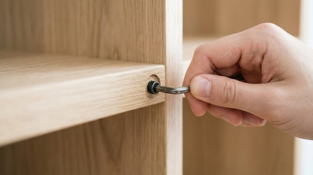 Close up of a person assembling flat pack wooden furniture using an Allen key tool for home improvement project