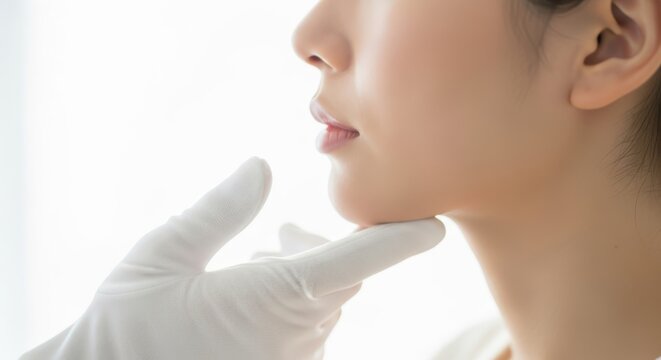 Close up of doctor's gloved hand gently touching a patient's chin during examination