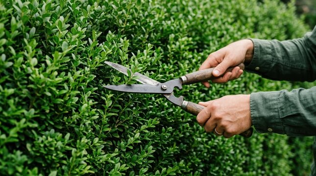 Close up of male hands using hedge shears to trim a green boxwood shrub in a garden for professional landscaping maintenance
