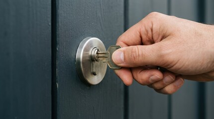 Naklejka premium Hand inserting key into modern door lock for home security access and safety concept