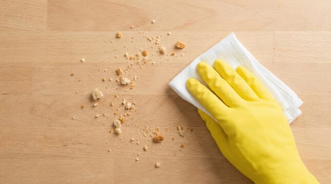 Hand in yellow rubber glove cleaning bread crumbs from wooden table surface, household chores and kitchen hygiene concept