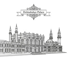 Fototapeta premium Dolmabahçe Palace Istanbul Sketch Outline Drawing White Background