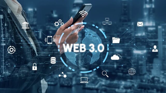 Futuristic Businesswoman Holding Smartphone with Web 3.0 Concept in Digital Cityscape Featuring Connectivity and Innovation Symbols. Entropy.