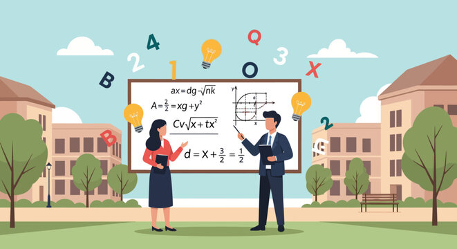 Two teachers explaining complex math equations on a whiteboard.