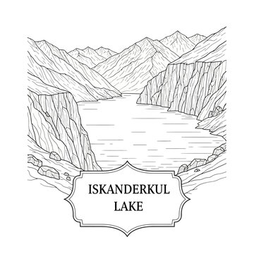 Iskanderkul Lake Scenic Mountain Landscape Line Art