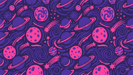 Fototapeta premium Colorful Space Galaxy Seamless Pattern with Planets