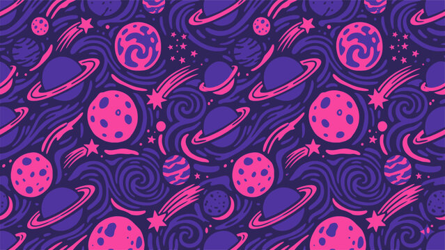 Colorful Space Galaxy Seamless Pattern with Planets