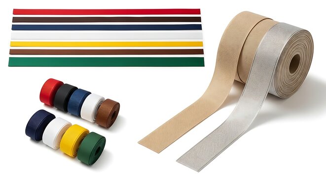 Colorful assorted ribbons and twine on white background