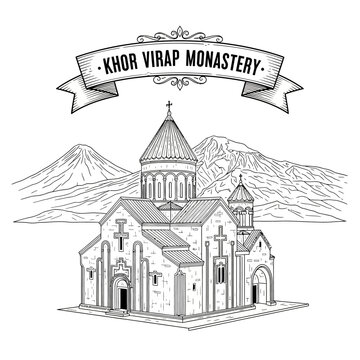 Khor Virap Monastery Armenia Sketch with Ararat Mountain Landscape