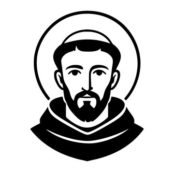 Black vector icon of a bearded monk with a halo, isolated on a transparent background. Perfect for religious design.