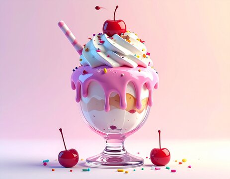 cute 3D rendered cartoon-style ice cream sundae